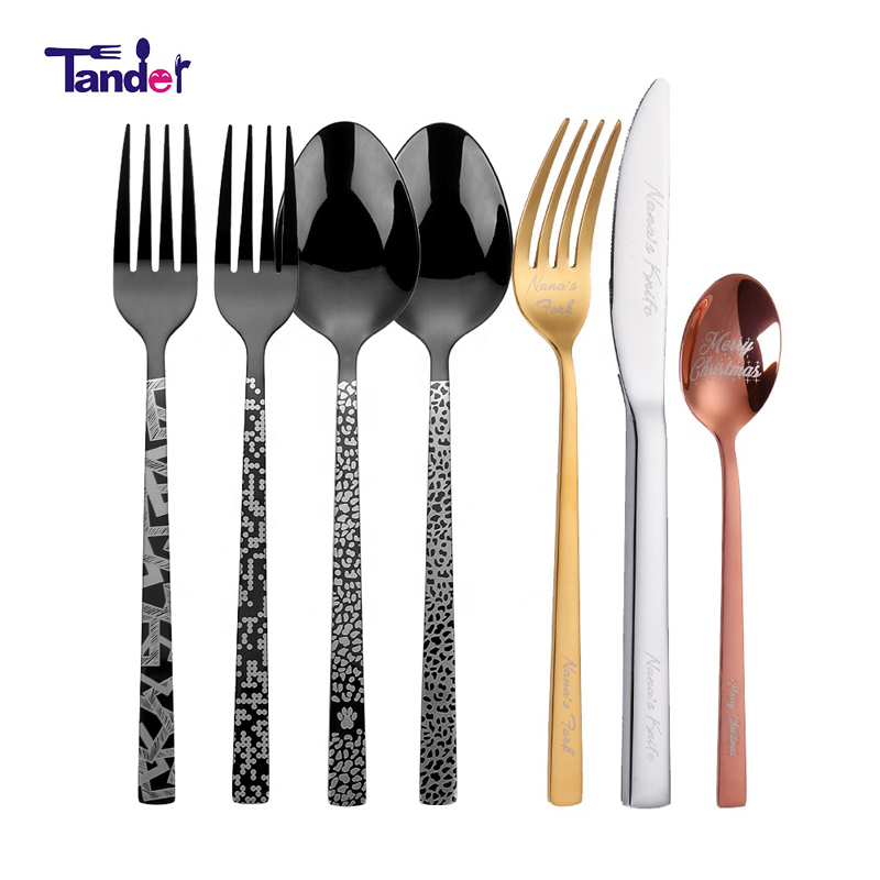 Tacâmuri cu laser personalizate Black Gold Metal Flatware Royal Restaurant Nuntă auriu Set tacâmuri din oțel inoxidabil