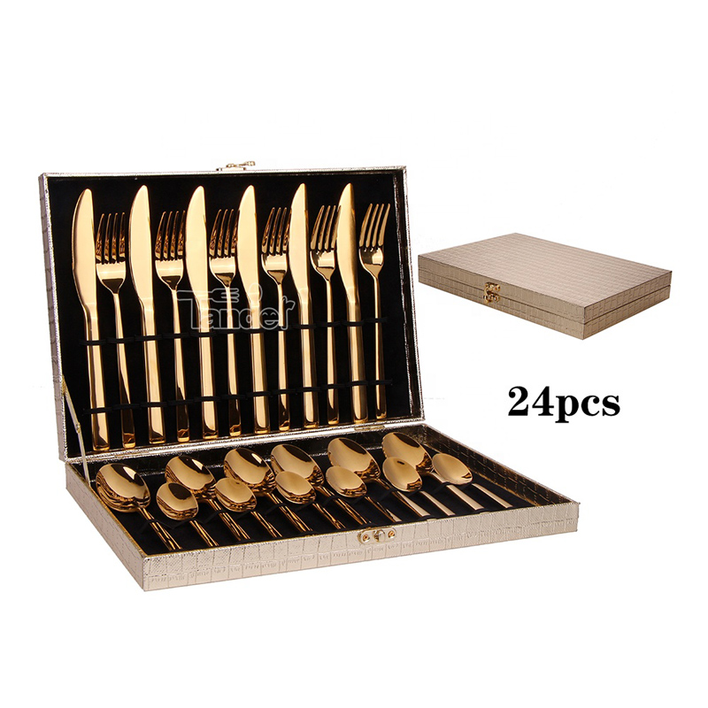 Set de furculiță cuțit Cuțit de sticlă de aur Brilliant Hotel personalizat din oțel inoxidabil 24pcs Set tacâmuri cu carcasă